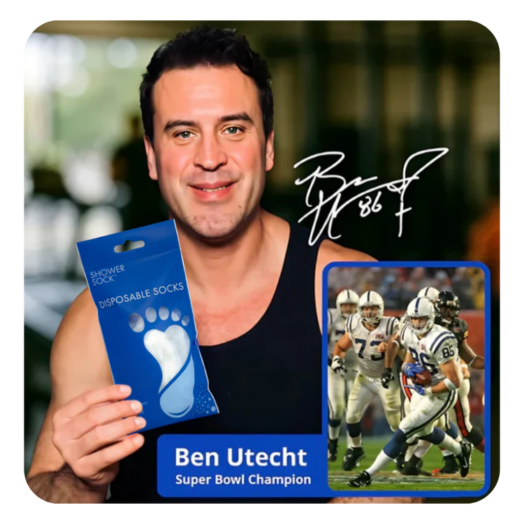Ben Utecht promoting Shower Sock disposable foot covers