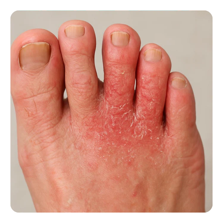 Close-up of red irritated toes and foot skin condition