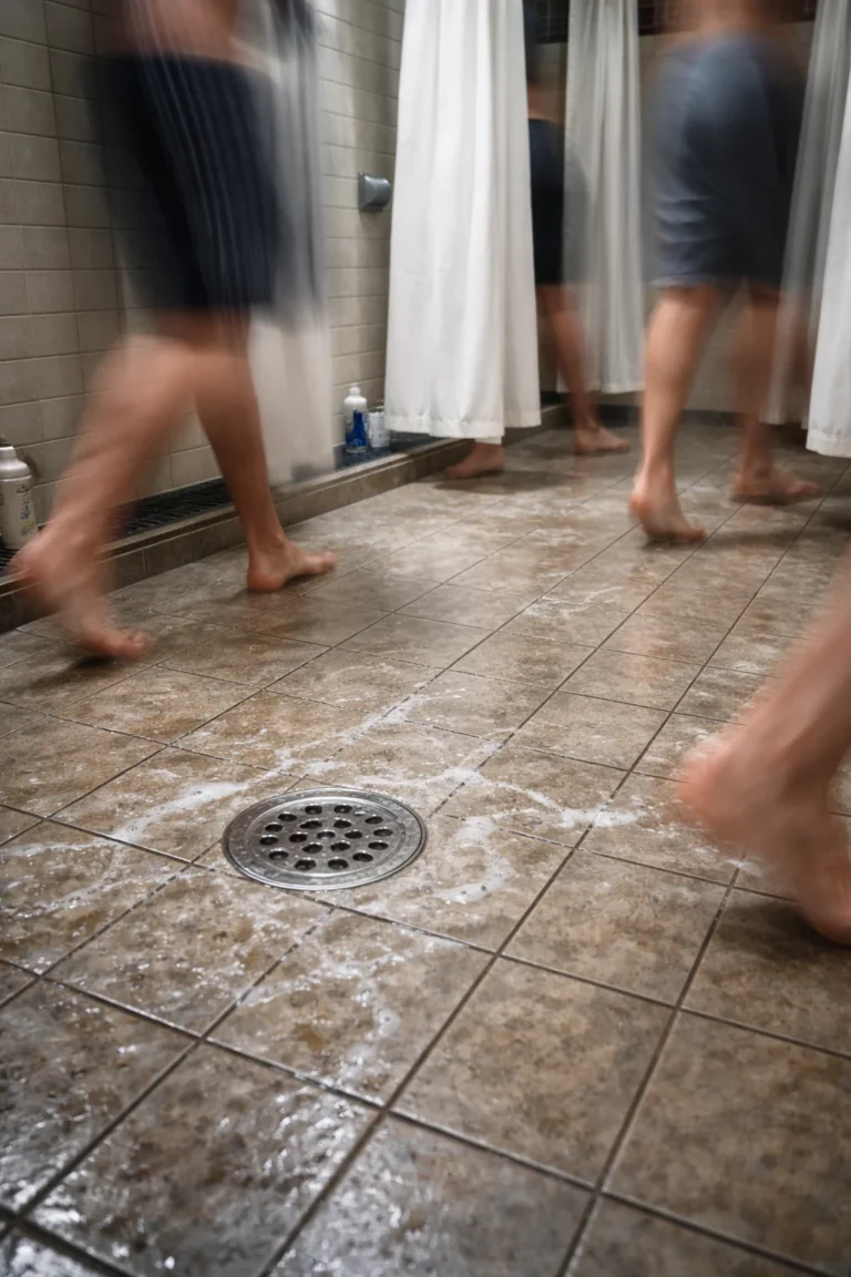 Public shower floor with shared shower drain