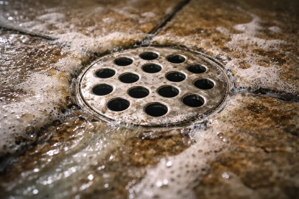 Public shower drain on wet tile floor