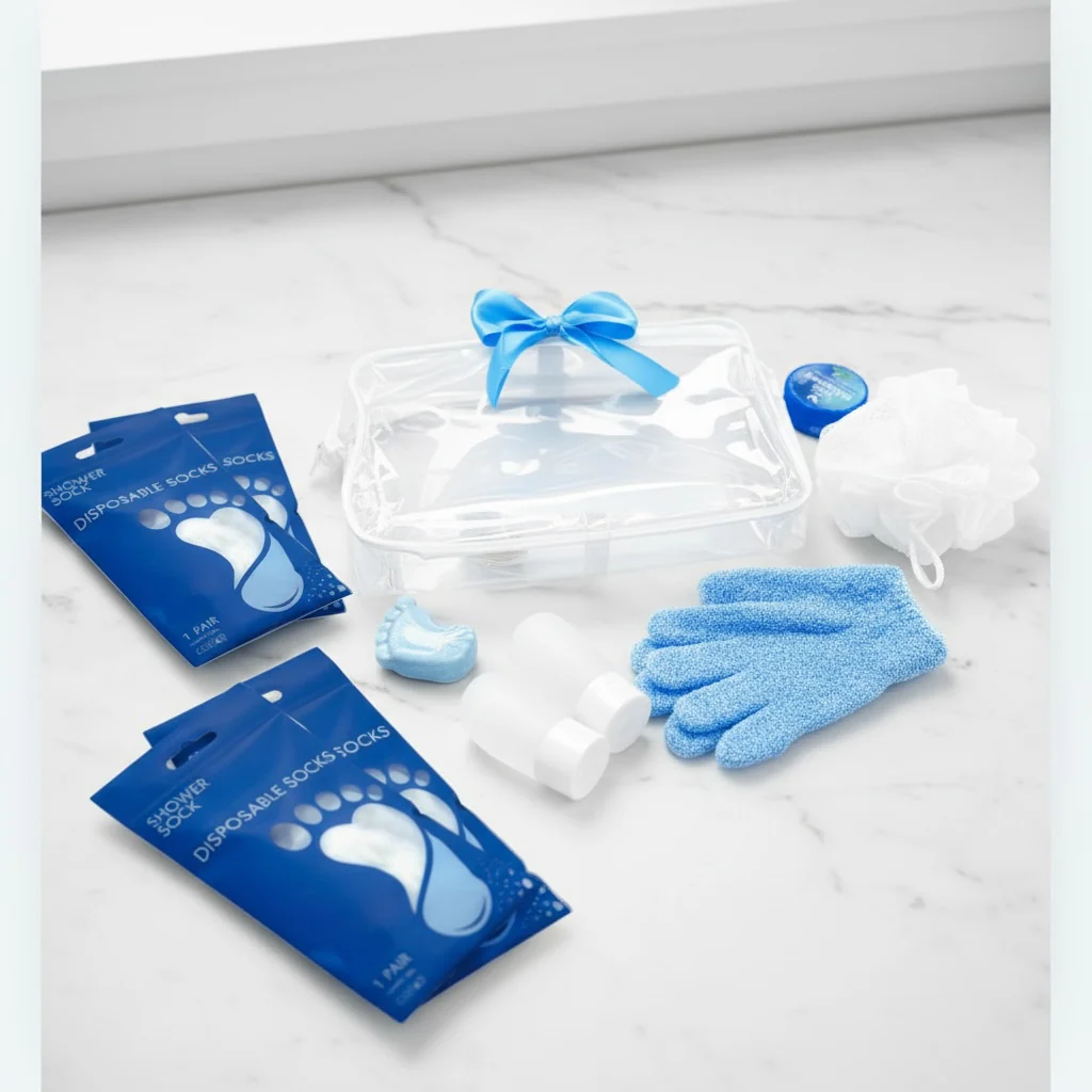 Disposable shower sock kit and accessories