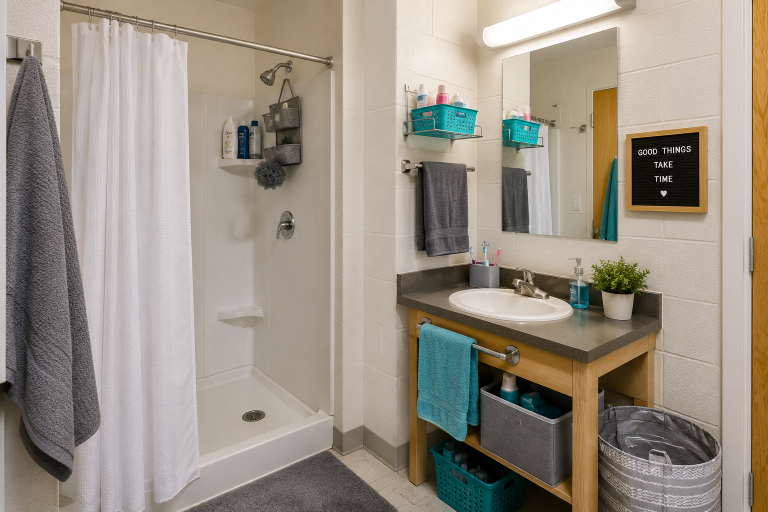 shower dorm with blue accent