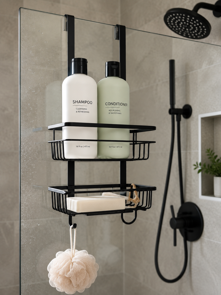 Shower caddy holding shampoo and soap in a walk-in shower