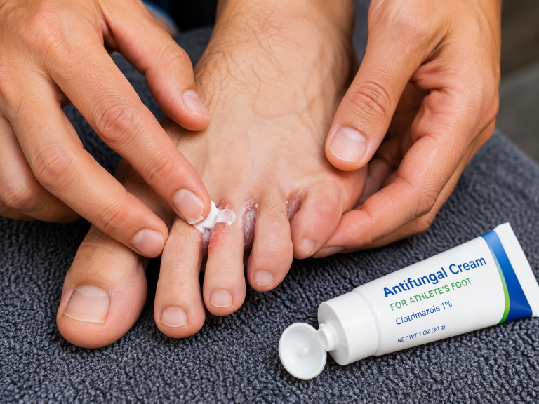 Applying antifungal cream for foot fungus treatment